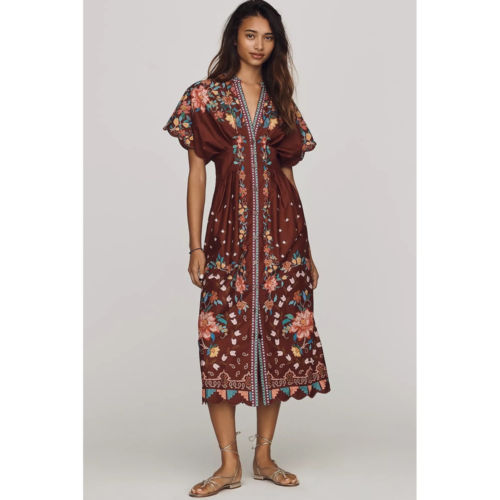 Farm Rio Anthropologie Burgundy Floral Embroidered Scalloped Midi Dress S